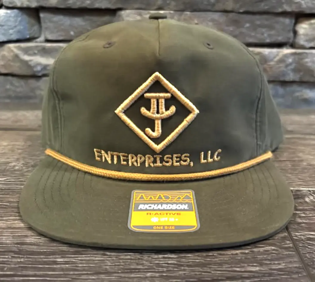 Olive green cap with gold JJ Enterprises embroidery and rope detail