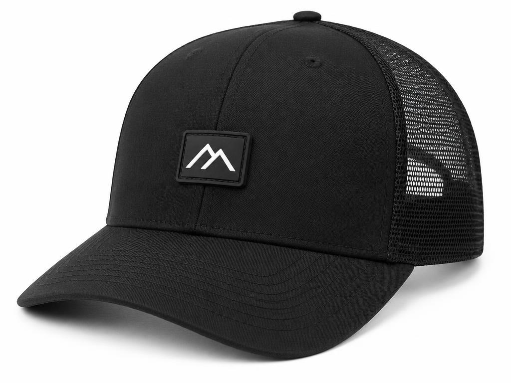 Black trucker hat with a rubber PVC patch on the front