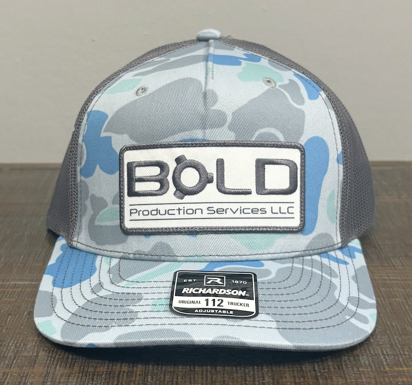 Camo Richardson 112 trucker hat with a BOLD Production Services LLC fabric patch