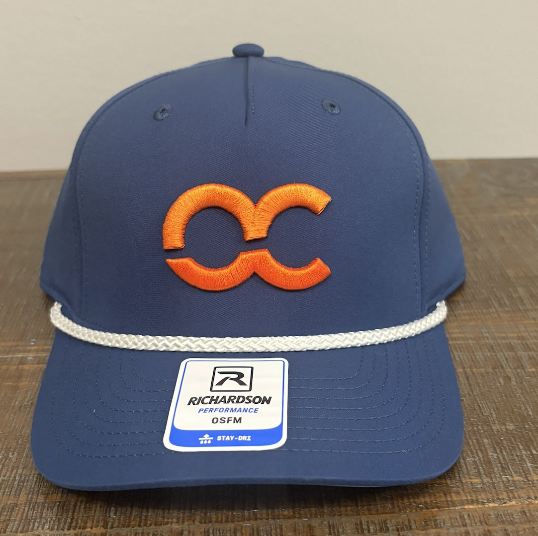 Navy Richardson rope hat with orange 3D puff embroidered logo