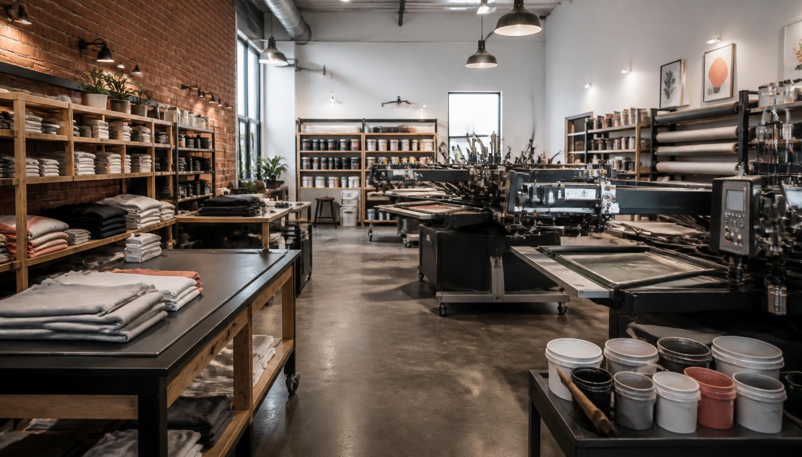 Screen printing shop interior with presses, ink, and folded apparel
