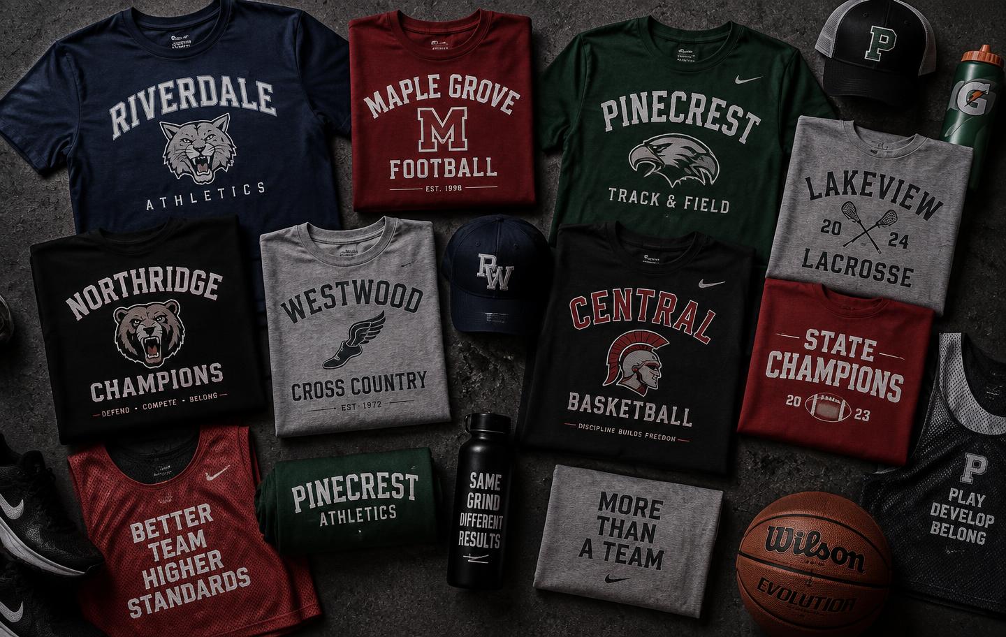 Assorted custom screen-printed team t-shirts and athletic gear