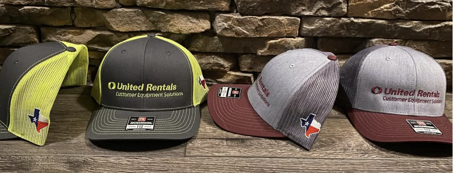 Richardson trucker caps embroidered with a company logo and Texas flag