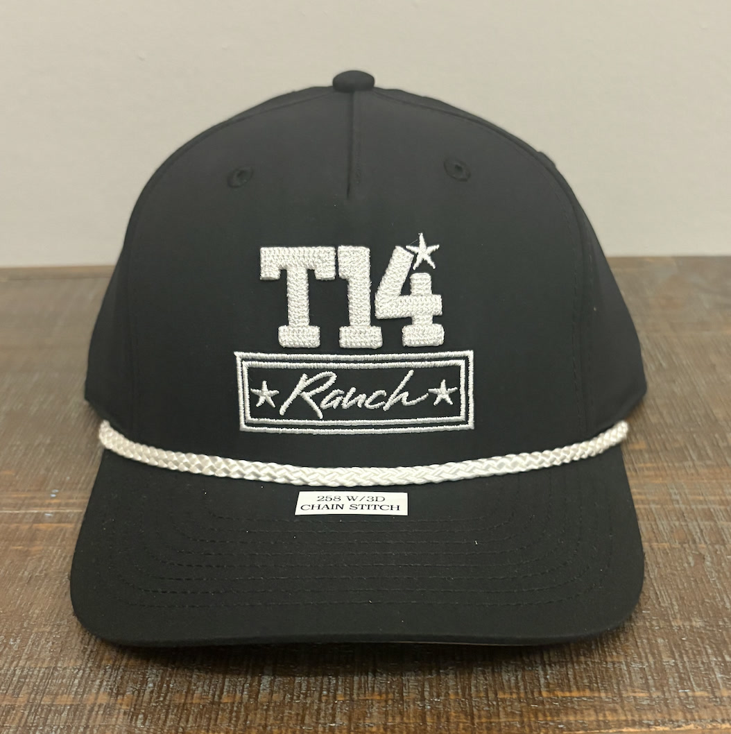 Black Richardson rope hat with T14 Ranch logo in white 3D puff embroidery