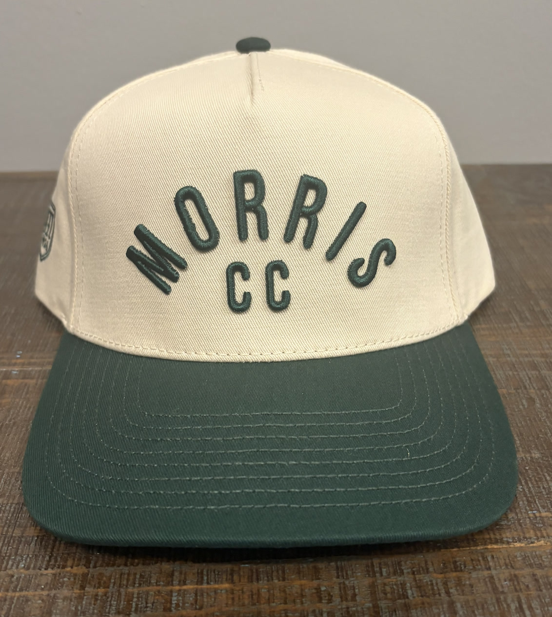 Cream and green cap with Morris CC in dark green 3D puff embroidery