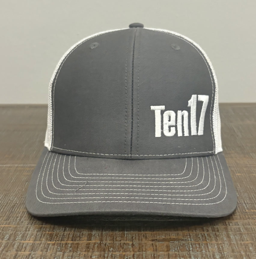Charcoal and white trucker hat with Ten17 embroidered in white thread