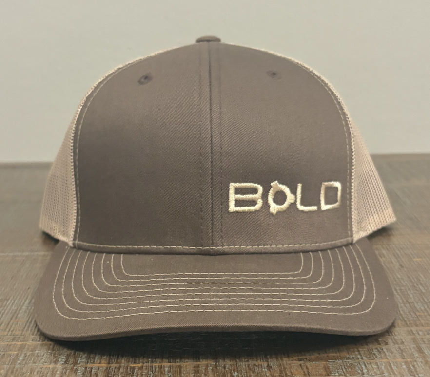 Grey and cream trucker hat with BOLD embroidered in cream thread