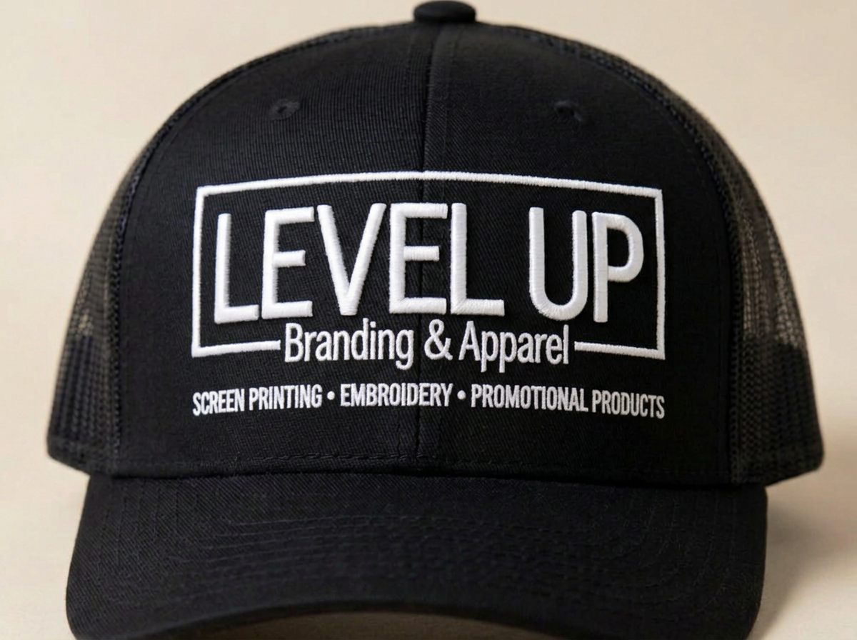 Black trucker hat with the Level Up Branding & Apparel logo in white 3D puff embroidery