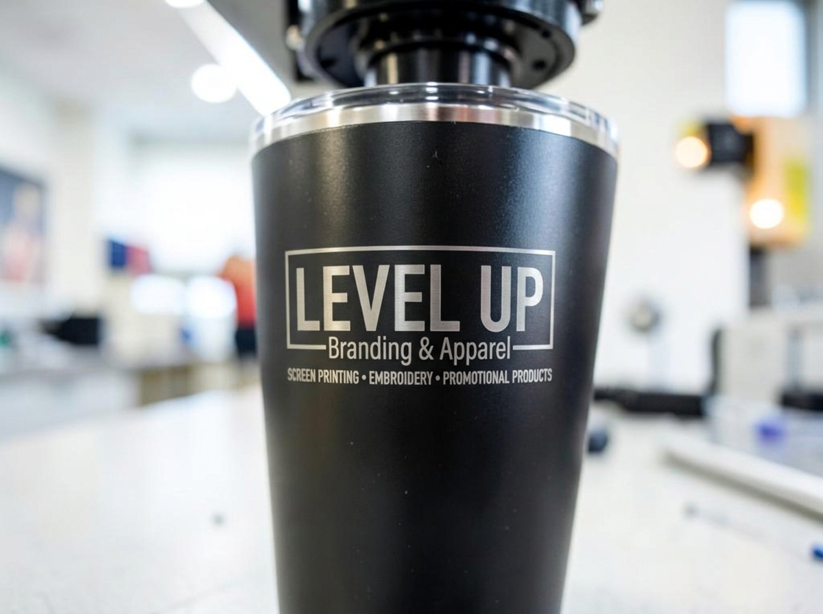 Laser engraving machine etching the Level Up Branding & Apparel logo onto a black tumbler