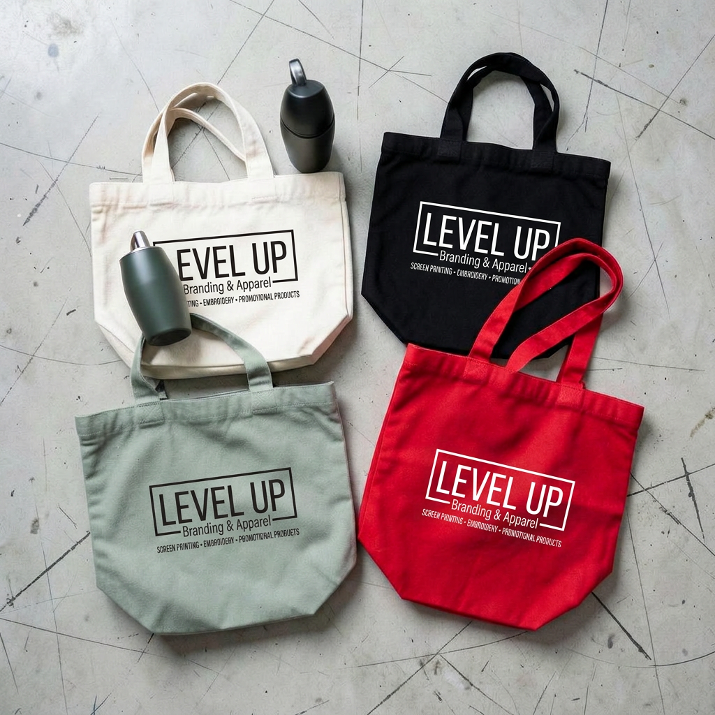 Four tote bags in cream, sage, red, and black with the Level Up Branding & Apparel logo screen-printed on each