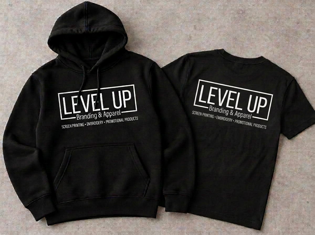 Black hoodie and black t-shirt back with large LEVEL UP print in coral