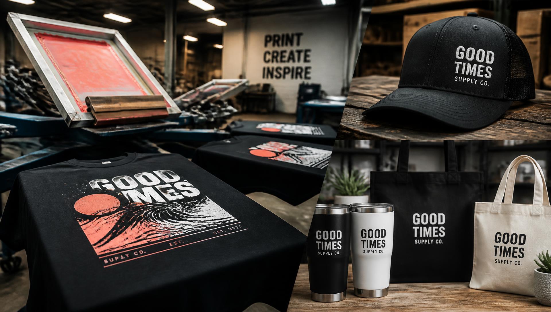 Collage of screen printed shirts, promotional products, and embroidered hats